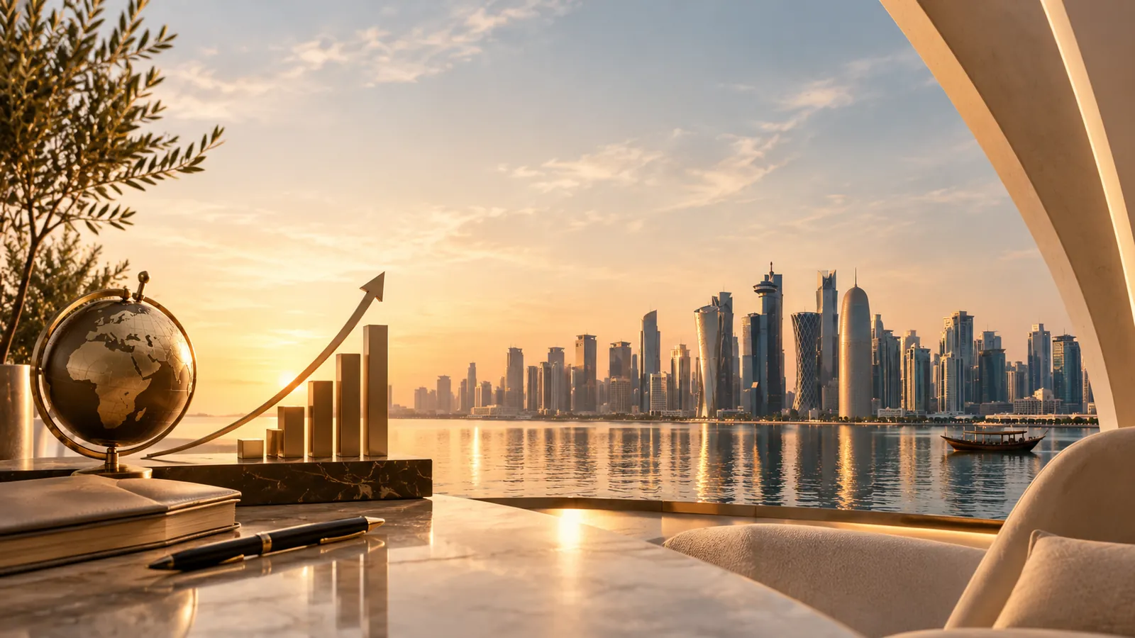 Doha skyline at sunrise seen from a waterfront office