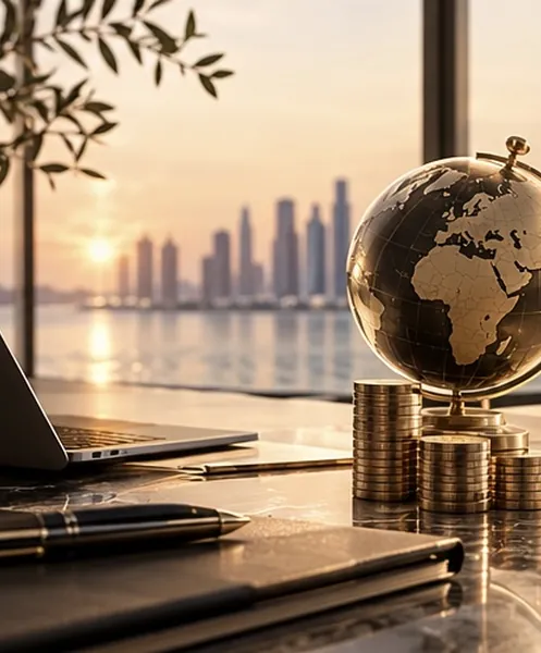 A gold globe beside stacks of coins at sunset